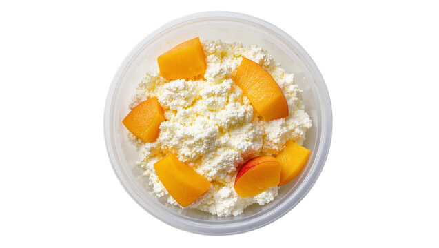 Isolated bowl of fresh cottage cheese with sweet juicy peach slices for a healthy snack
