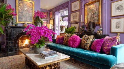 Fototapeta premium A beautifully decorated living room with a teal sofa and vibrant purple walls, creating a luxurious atmosphere.