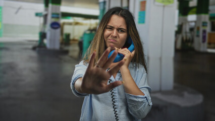 Young woman hispanic holding blue handset with palm raised in stop gesture at petrol station forecourt on street  frustration refusal. © Krakenimages.com