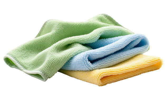 Isolated colorful microfiber cleaning cloths stacked for household cleaning and dusting