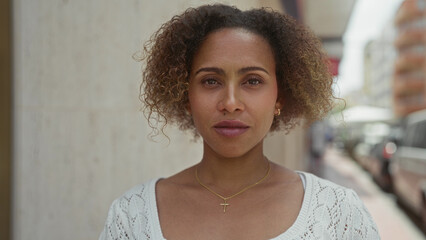 Woman wearing a gold cross necklace and white knit top looking to the side against a city sidewalk wall on street  quiet confidence. © Krakenimages.com