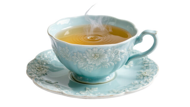 Isolated elegant light blue teacup with saucer filled with steaming hot herbal tea
