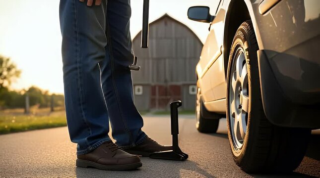 Man inflating a flat car tire on a rural road at sunset roadside assistance DIY repair automotive maintenance and a sense of self-reliance in a picturesque setting