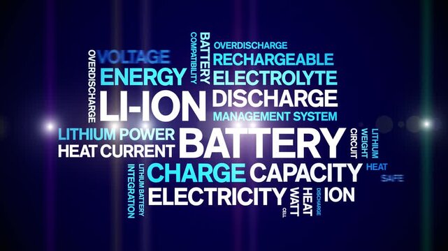 Li-ion Battery animated word cloud-text design animation tag kinetic typography seamless loop.