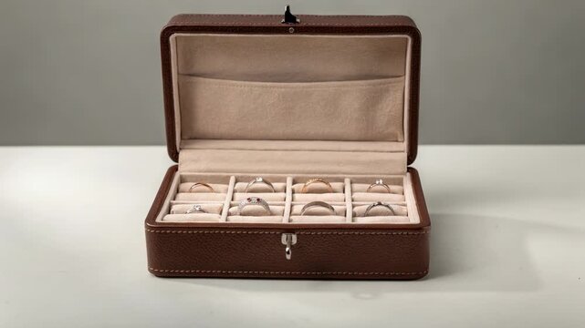 Medium shot of luxury leather ring jewelry box showcasing soft suede lining and neatly arranged compartments for elegant ring storage.