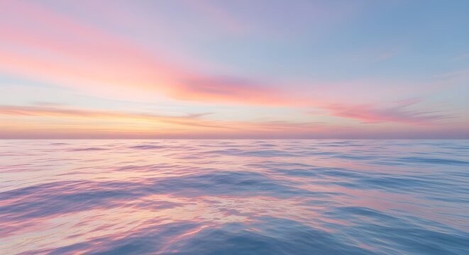 Pastel sunset ocean background with soft peach reflections over pale blue water waves, dreamy sea surface texture, smooth gradients, calming atmosphere