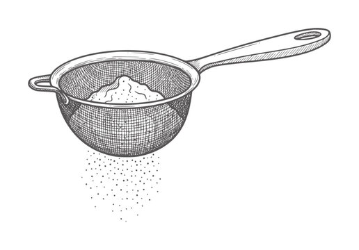 Hand drawn sieve sifting powder with particles falling down