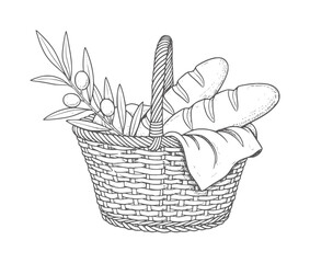 Obraz premium Wicker basket filled with baguettes olives and cloth food bread