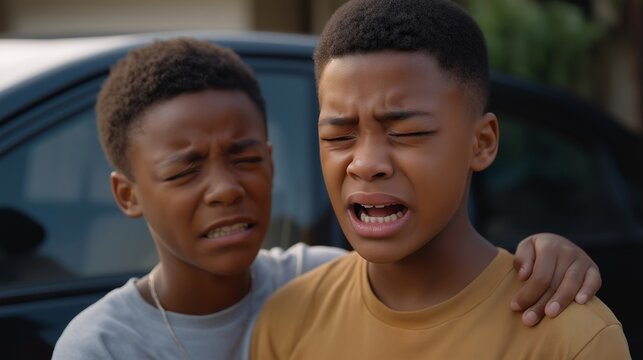 Two brothers fighting over shotgun seat privileges at sunrise in driveway, younger one crying, parents loading car ignoring them, ideal for sibling rivalry, family trip dynamics, and contemporary