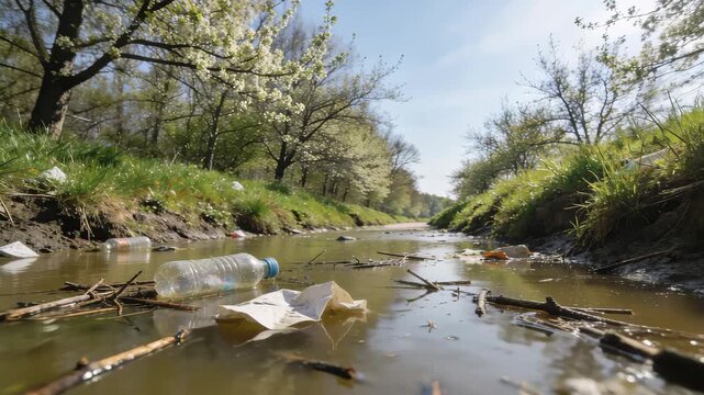 Wide Lens View of Flooded Roadside Ditch with Trash and Floating Twigs in a Spring Landscape