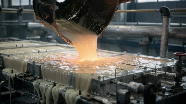 Industrial setting showcasing thick molten paraffin being poured into large molds highlighting heavyduty block casting with a focus on texture and temperature control.