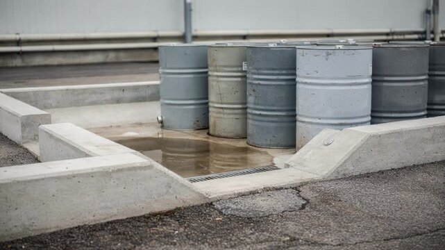 Medium shot of a bunded area surrounding solvent drums highlighting containment measures to prevent spills and ensure environmental safety.