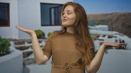 Fototapeta premium Woman holds palms up at white building entrance near terraced stone courtyard outdoors under clear sky; balance joy.