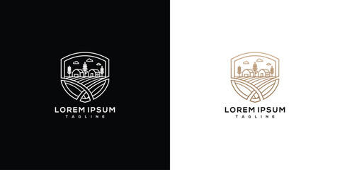 Fototapeta premium Vintage Farm Estate Logo Design - Monoline Vineyard Winery Shield Emblem.