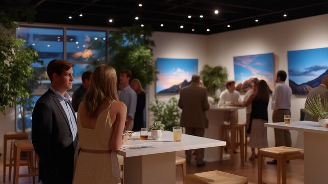 Networking event attendees mingling around high-top tables in modern gallery space, abstract art installations visible on white walls behind conversations, ideal for corporate gatherings and