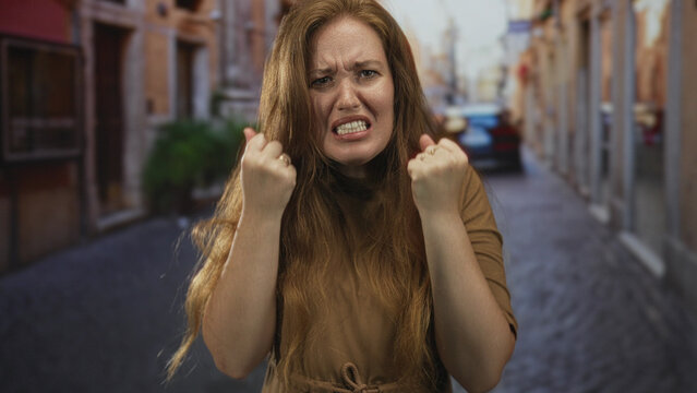 Woman with open mouth screaming amid sunlit vibrant narrow cobblestone city street scene; anger frustration.