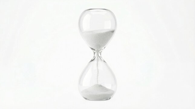 Glass hourglass with white sand flowing through it, isolated on a white background, symbolizing the passage of time