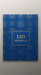 Fototapeta premium Eid mubarak greeting card with blue ornate design