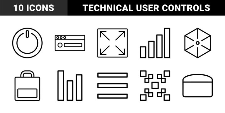 Technology and interface line icon set. Vector pictograms of browser, power button, expand, signal, menu, chart, hexagon, bag, folder, and portable game console.