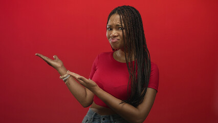 Fototapeta premium Young african american woman with long braids holding palms up presenting gesture in studio with solid red backdrop and casual crop; confusion doubt.