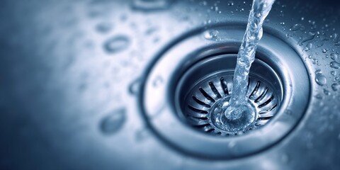 Plakat Close-up of clean water flowing into a stainless steel kitchen sink drain