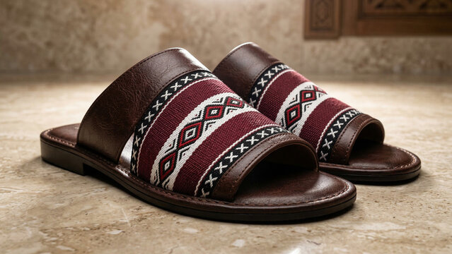 Brown leather sandals with sadu patterned fabric strap on marble
