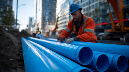 Urban Construction Worker Installs Blue Pipes on City Street, Illustrating Essential Infrastructure Development and Industrial Workforce