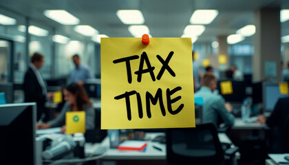 Fototapeta premium Central yellow sticky note reading 'Tax Time' is attached within a busy, brightly lit modern office environment where employees work diligently at desks.