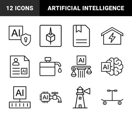 Fototapeta premium Artificial intelligence and technology line icon set. Vector pictograms of brain, robot, shield, lighthouse, chip, and documents, thin outline illustration.