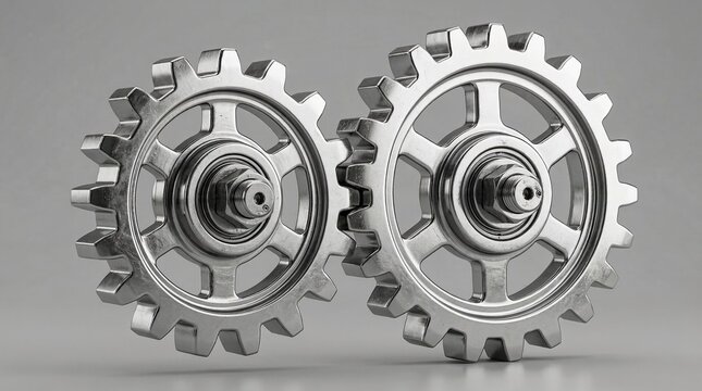 Close-up of two interlocking metal gears against a neutral grey background, symbolizing connection, engineering, and mechanical collaboration