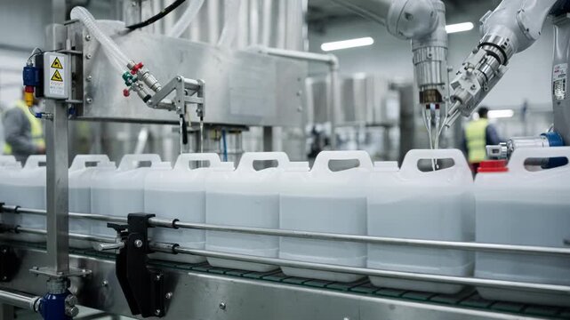 Medium shot featuring jerrycans being precisely filled and sealed by robotic arms on a modern agrochemical production line highlighting efficiency and safety measures.