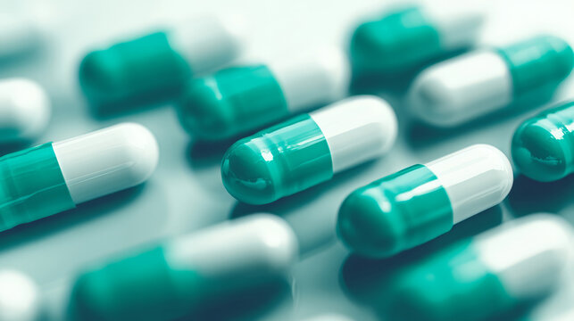 Close-up macro shot of many green and white capsules arranged on a reflective surface