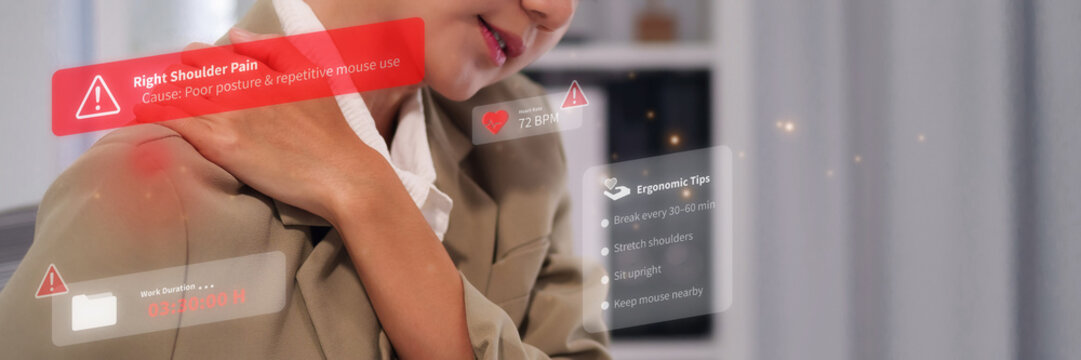 Woman with office syndrome shoulder pain from poor posture receives AI diagnosis ergonomic tips and health monitoring for relief technology healthtech wellness