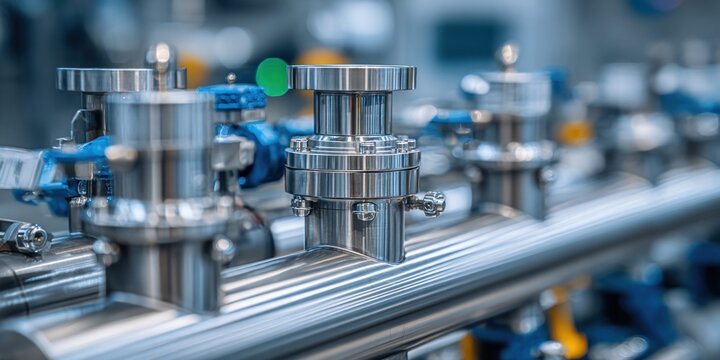Close-up of shiny stainless steel pipes and valves in a modern industrial facility