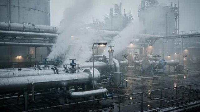 Foggy scene of boiler house infrastructure with steam gently rising from utility pipelines emphasizing the atmospheric conditions of industrial utilities.