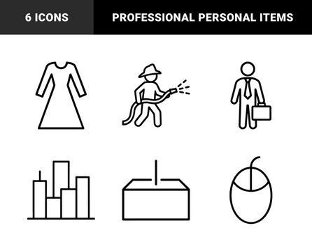 Business and lifestyle line icon set. Vector pictograms of firefighter, dress, businessman, computer mouse, city skyline, and package, black outline illustration.