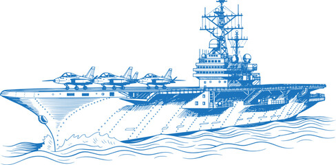 Aircraft Carrier Warship Side Profile Vector Line Art, Military Naval Vessel with Flight Deck Radar Tower and Fighter Jets on Deck, Detailed Navy Warship Outline © sreetamo