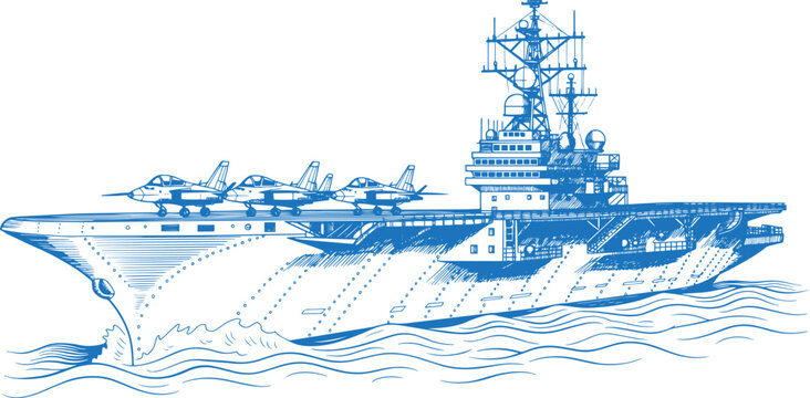 Aircraft Carrier Warship Side Profile Vector Line Art, Military Naval Vessel with Flight Deck Radar Tower and Fighter Jets on Deck, Detailed Navy Warship Outline