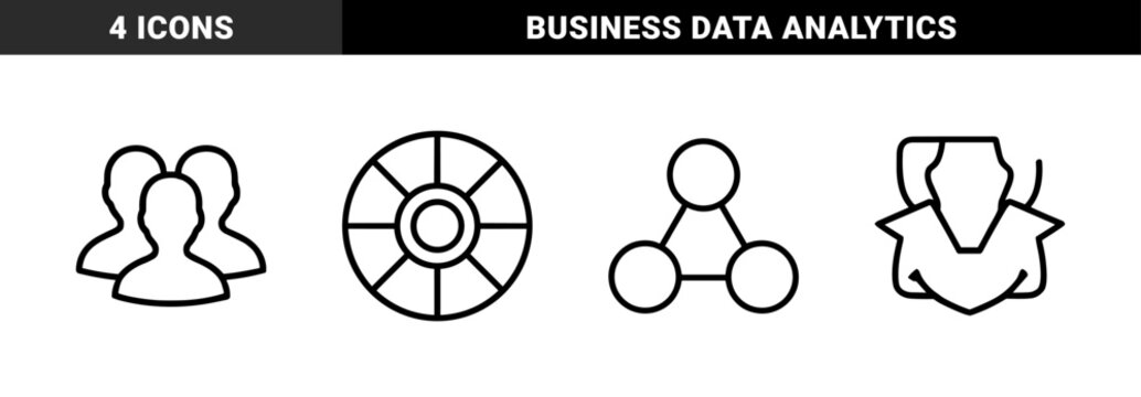 Business management and networking icon set. Vector pictograms of users, segment chart, node structure, and protective shield, black thin outline illustration.