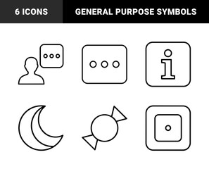 Fototapeta premium Universal interface icon set. Vector pictograms of chat bubbles, user profile, information sign, dice, candy, crescent moon, and plus symbol, thin outline illustration.