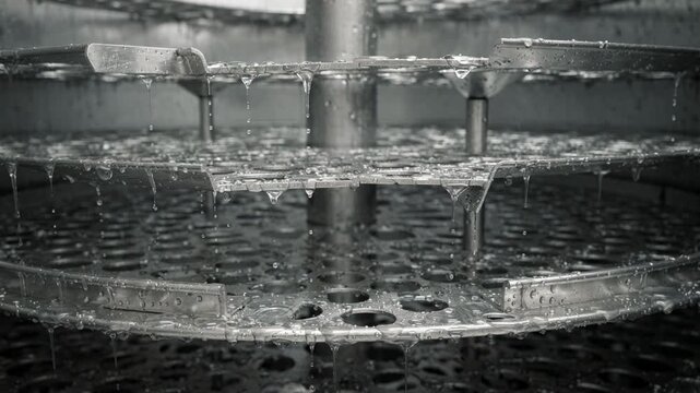 Closeup on wet distillation column trays showing moisture accumulation and vapor interactions within trays and downcomers during shutdown.