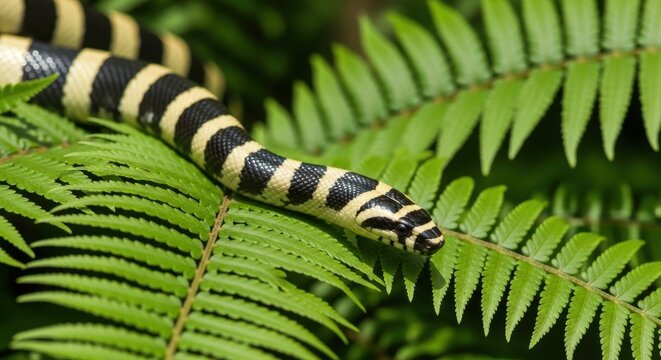 A Banded Krait Snake With Striking Stripes Coiled on Green Fern Leaves in a Natural Habitat