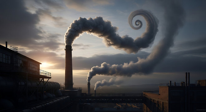 Industrial smokestacks releasing pollution into the sky creating spiral smoke clouds at sunset