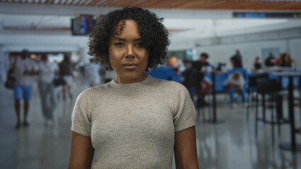 Young african american woman stands upright showing face with a firm gaze at busy airport terminal  confidence. © Krakenimages.com