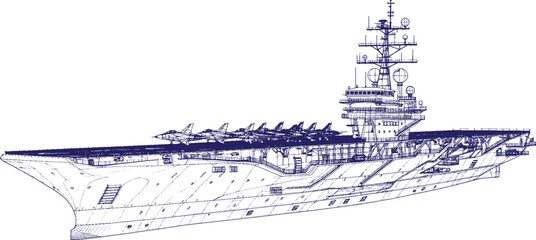 Aircraft Carrier Warship Side Profile Vector Line Art, Military Naval Vessel with Flight Deck Radar Tower and Fighter Jets on Deck, Detailed Navy Warship Outline © sreetamo