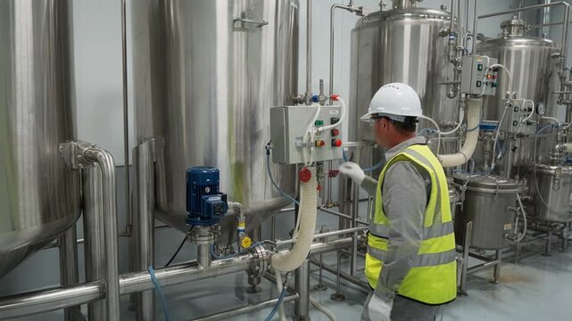Medium shot capturing magnesium hydroxide reagent preparation in a recycled slurry system featuring operator monitoring and equipment in a clean processing environment.