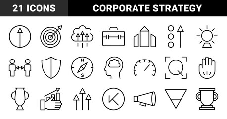 Fototapeta premium Business management and strategy line icon set. Vector pictograms of target, briefcase, trophy, megaphone, compass, and progress charts, thin outline illustration.