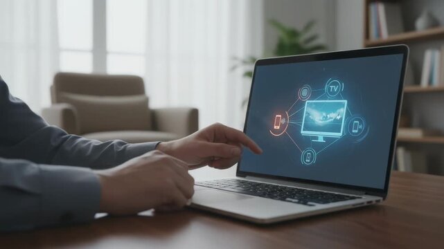 Telecom agent showcasing bundled options on a laptop screen during a customer visit highlights on the device and hands while environment blurs softly.