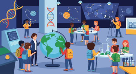 Children Explore Science Museum with Globe, DNA, Planets and Experiments © Leo