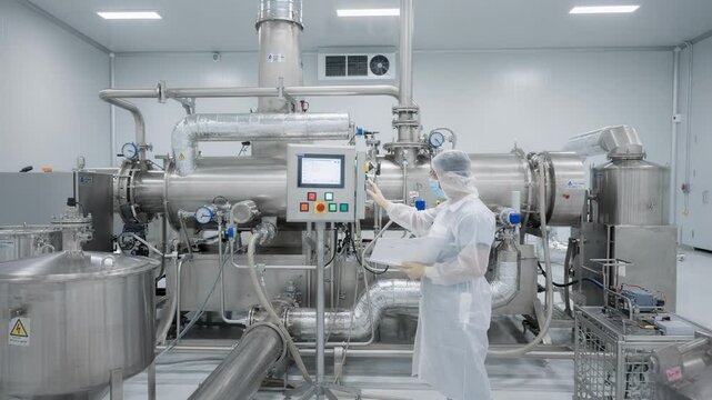 Cleanroom environment with medium shot on specialized gypsum calcination unit highlighting controlled atmosphere and precision equipment for contaminantfree hemihydrate powder